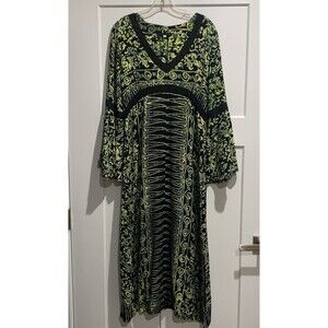 Lotus Trader Long Sleeve V-Neck Black/Green Boho Floral Geometric Maxi Dress Med